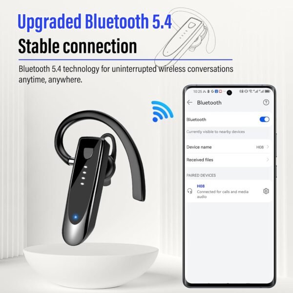 Bluetooth Earpiece, Wireless Handsfree with Microphone, 20Hrs Call Time Bluetooth 5.4 Headset, 180 Hrs Standby Time Headset for Business/Trucker/Driver, Bright Black - Image 3