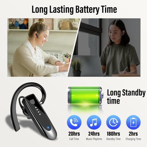 Bluetooth Earpiece, Wireless Handsfree with Microphone, 20Hrs Call Time Bluetooth 5.4 Headset, 180 Hrs Standby Time Headset for Business/Trucker/Driver, Bright Black - Image 4