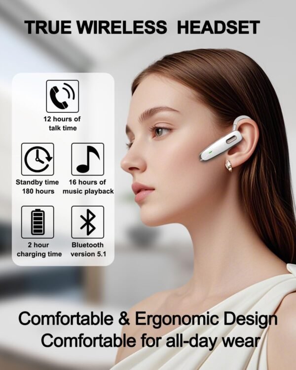 Bluetooth Headset, V5.1 Ultralight Wireless Handsfree Earpiece Cell Phone with Noise Cancellation Microphone for PC Tablet/Laptop Computer, Headphones for Trucker/Driver/Business- Black - Image 35